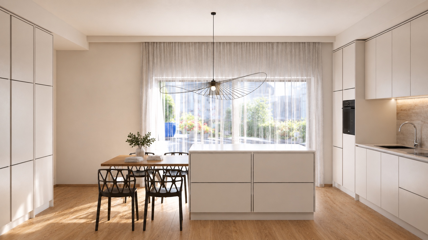 Zona pranzo con isola cucina e sospensione scultorea - rendering interior design Bologna | Moltefacce