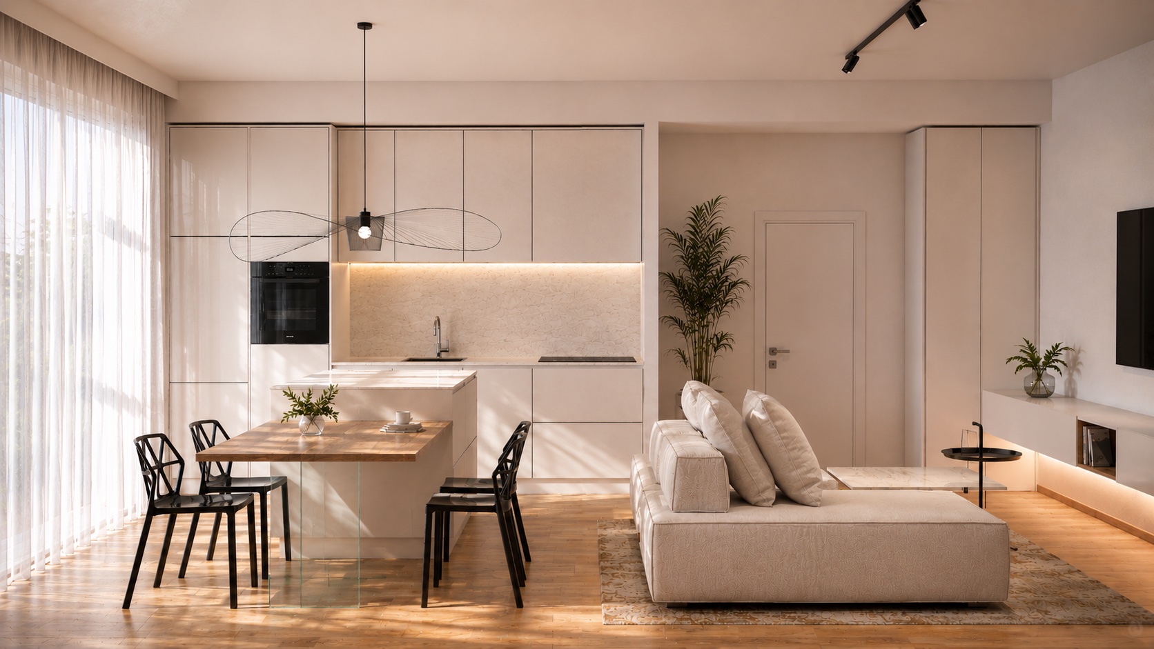 Cucina a isola bianca con tavolo da pranzo in legno e sedie nere - interior design Bologna | Moltefacce